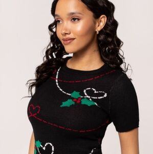 Hell Bunny Short Sleeved Black Knit Sweater with Mistletoe Design